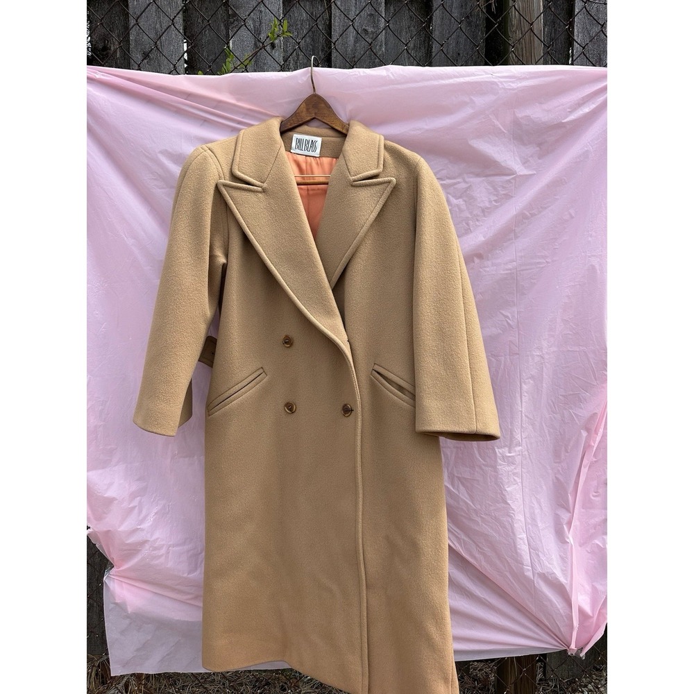 Bill Blass Wool Blend Coat Women Long Camel Double Breasted Classic Vintage